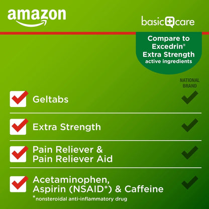 Amazon Basic Care Extra Strength Headache Relief Geltabs, Pain Reliever for Arthritis, Menstrual Pain and Cramps, 80 Count - Maple Wellness Supplements