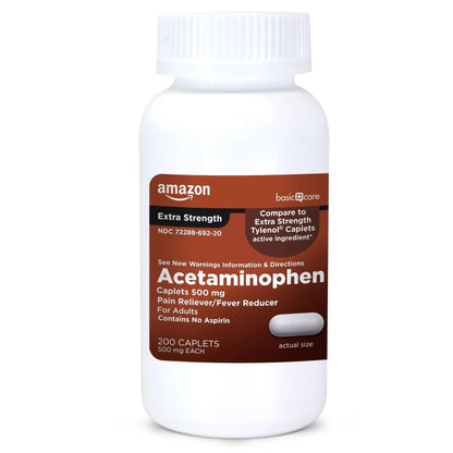 Amazon Basic Care Extra Strength Pain Relief, Acetaminophen Caplets, 500 mg, 200 Count - Maple Wellness Supplements