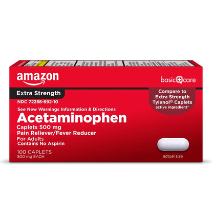 Amazon Basic Care Extra Strength Pain Relief, Acetaminophen Caplets, 500 mg, Pain Reliever/Fever Reducer, 100 Count - Maple Wellness Supplements