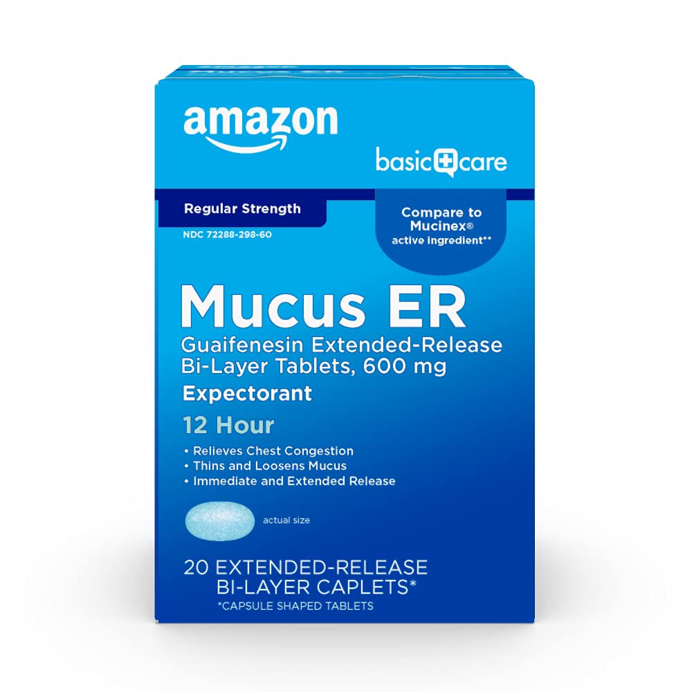 Amazon Basic Care Guaifenesin Extended-Release Tablets, 600 mg, 12 Hour Expectorant for Chest Congestion and Mucus Relief, 20 Count - Maple Wellness Supplements