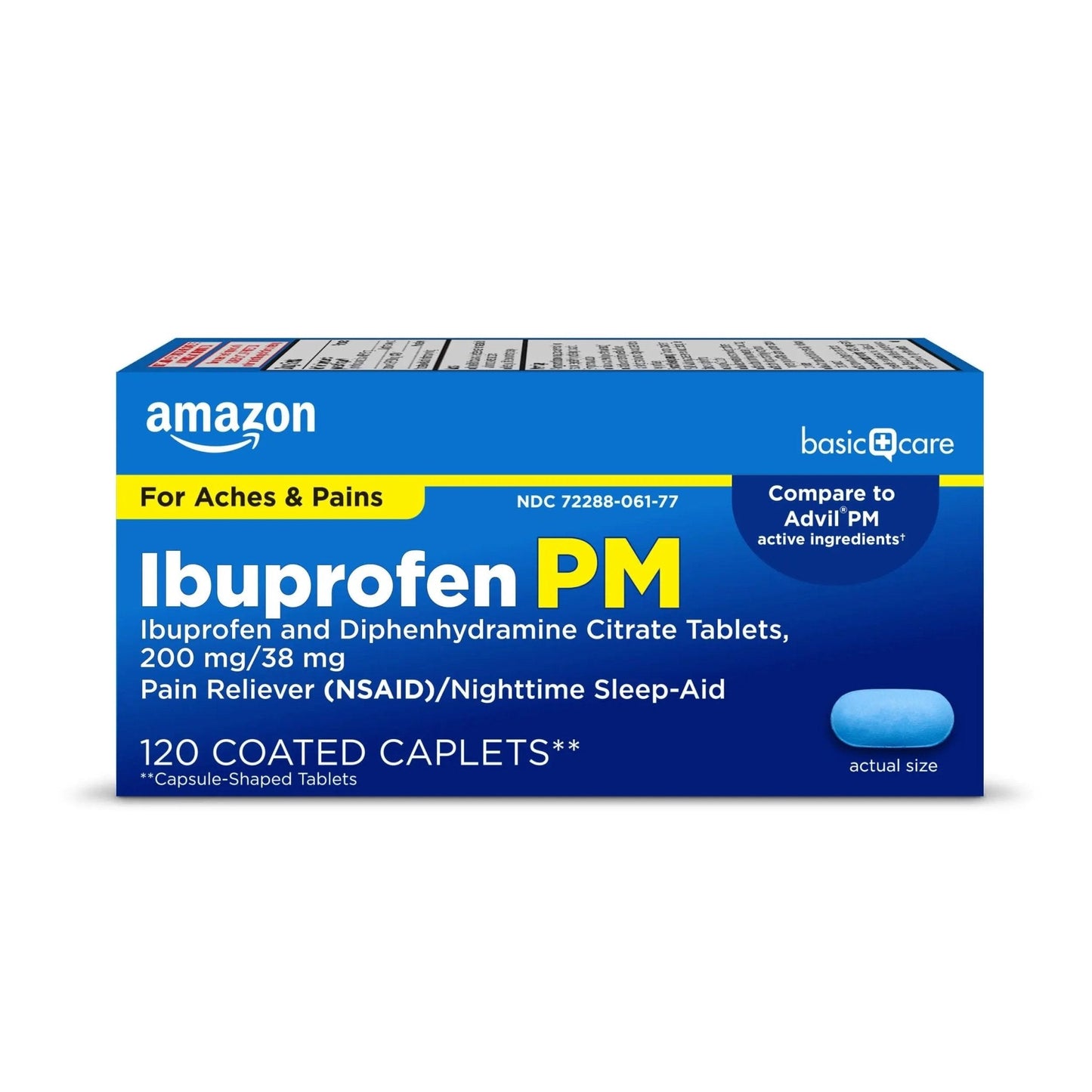 Amazon Basic Care Ibuprofen PM, Ibuprofen 200 mg and Diphenhydramine Citrate 38 mg, Pain Reliever and Nighttime Sleep-Aid, Capsule-Shaped Tablets, 120 Count - Maple Wellness Supplements