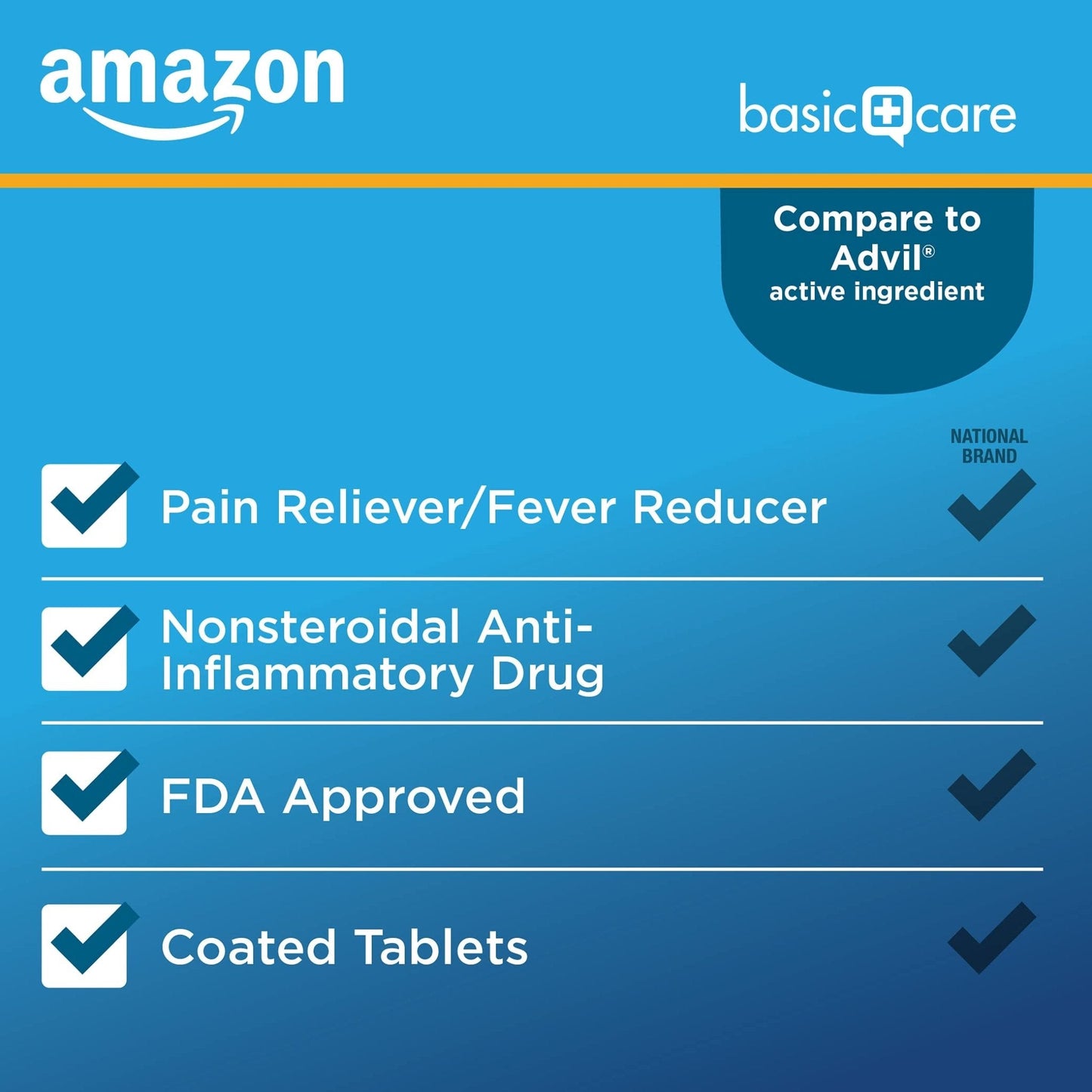 Amazon Basic Care Ibuprofen Tablets, 200 mg, Pain Reliever and Fever Reducer, For Headache, Muscular Aches, Arthritis, Backache, Menstrual Pain, 100 Count (Pack of 1) - Maple Wellness Supplements