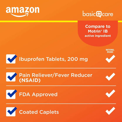 Amazon Basic Care Ibuprofen Tablets, 200 mg, Pain Reliever/Fever Reducer for Headache, Backache, Menstrual Pain and Body Aches, 100 Count - Maple Wellness Supplements