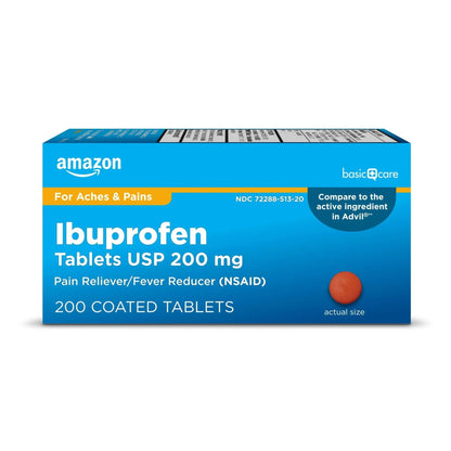 Amazon Basic Care Ibuprofen Tablets, Fever Reducer and Pain Relief from Body Aches, Headache, Arthritis Pain and More, Brown 200 Count - Maple Wellness Supplements