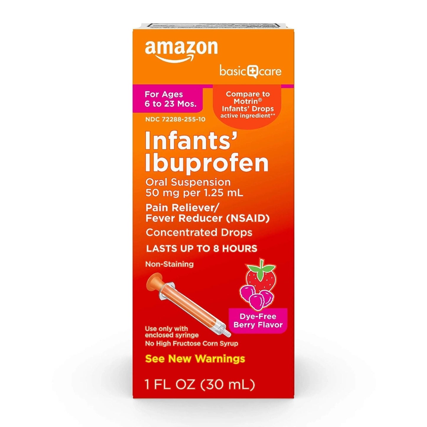 Amazon Basic Care Infants' Ibuprofen Oral Suspension, Pain Reliever and Fever Reducer, 50 mg/1.25 mL, Berry Flavor Concentrated Drops, Dye-Free, 1 fl oz (Pack of 1) - Maple Wellness Supplements