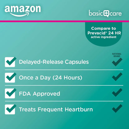 Amazon Basic Care Lansoprazole Delayed Release Capsules, 15 mg, Proton Pump Inhibitor, Acid Reducer, 24 Hour Heartburn Medicine, 42 Count Pack - Maple Wellness Supplements