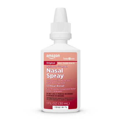 Amazon Basic Care Maximum Strength 12 Hour Nasal Spray, Oxymetazoline HCl Solution, Sinus Pressure Relief, Cold and Allergy Medicine, Decongestant, 1 fl oz (Pack of 1) - Maple Wellness Supplements
