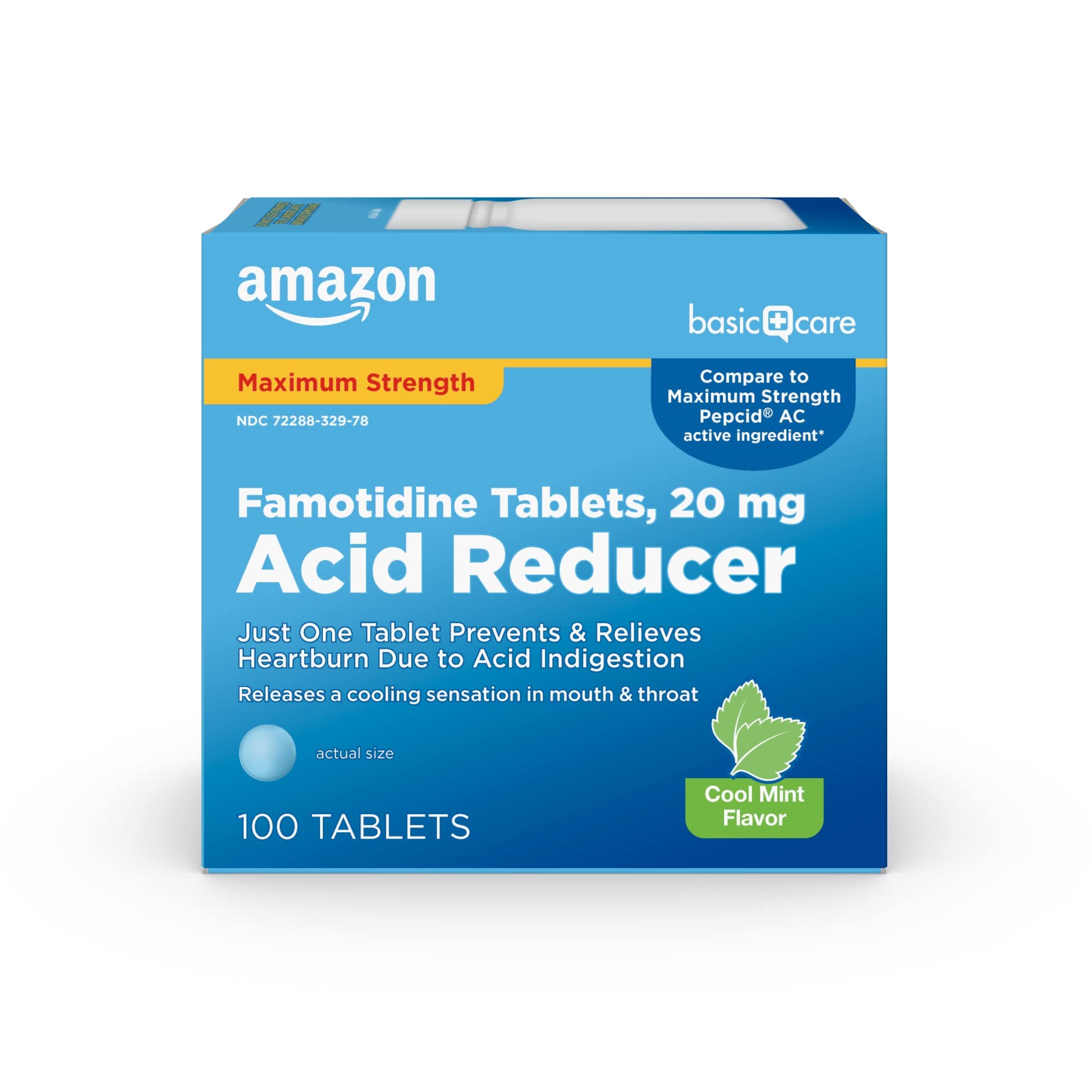 Amazon Basic Care Maximum Strength Famotidine 20mg Tablets, Acid Reducer, Prevents & Relieves Heartburn, Acid Indigestion, Cool Mint, 100 Count - Maple Wellness Supplements