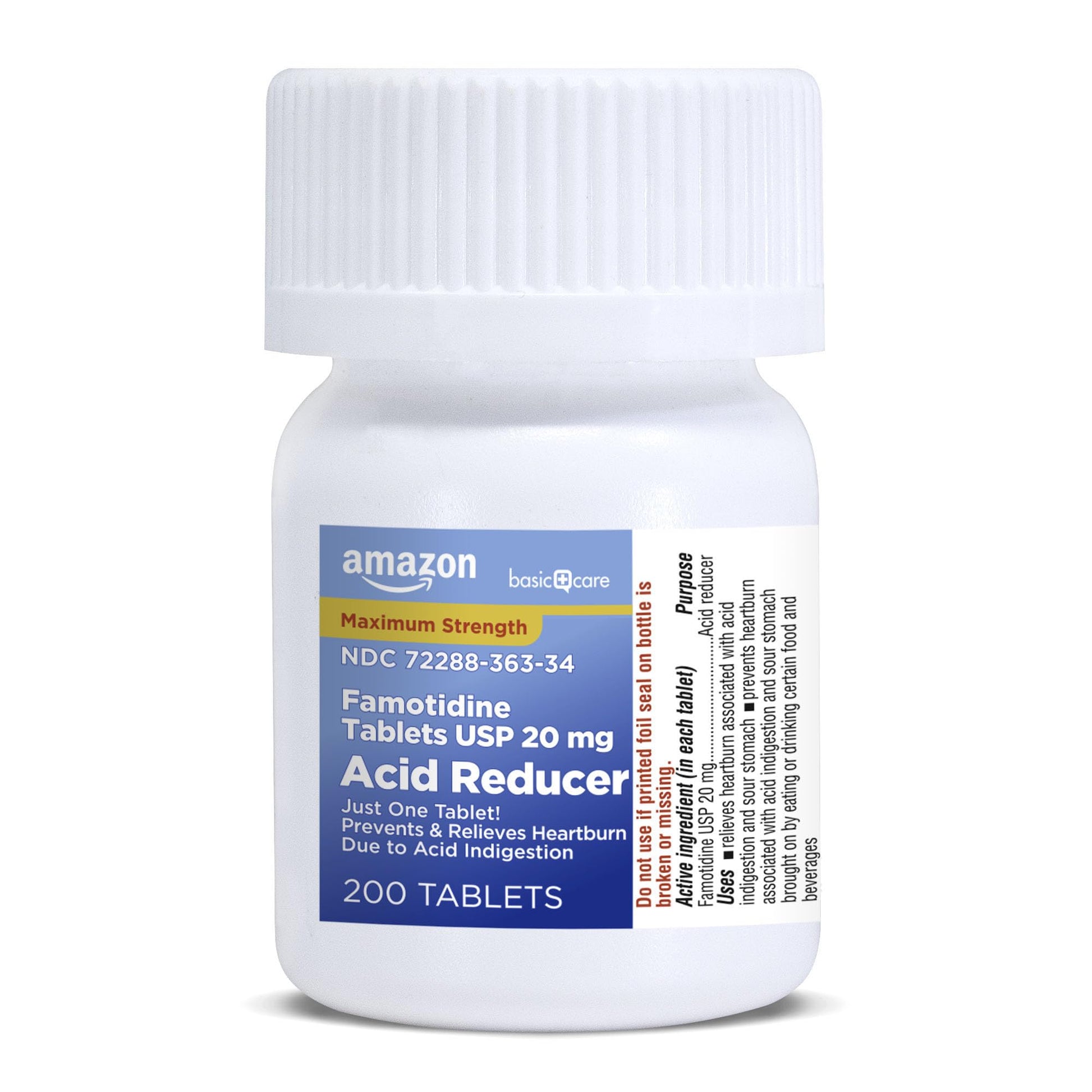 Amazon Basic Care Maximum Strength Famotidine Tablets 20 mg, Acid Reducer for Heartburn Relief, Prevents & Relieves Acid Indigestion, Heartburn Medicine, 12 Hour Protection, 200 Count - Maple Wellness Supplements