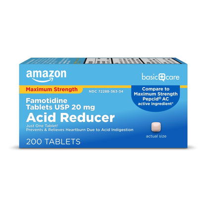 Amazon Basic Care Maximum Strength Famotidine Tablets 20 mg, Acid Reducer for Heartburn Relief, Prevents & Relieves Acid Indigestion, Heartburn Medicine, 12 Hour Protection, 200 Count - Maple Wellness Supplements