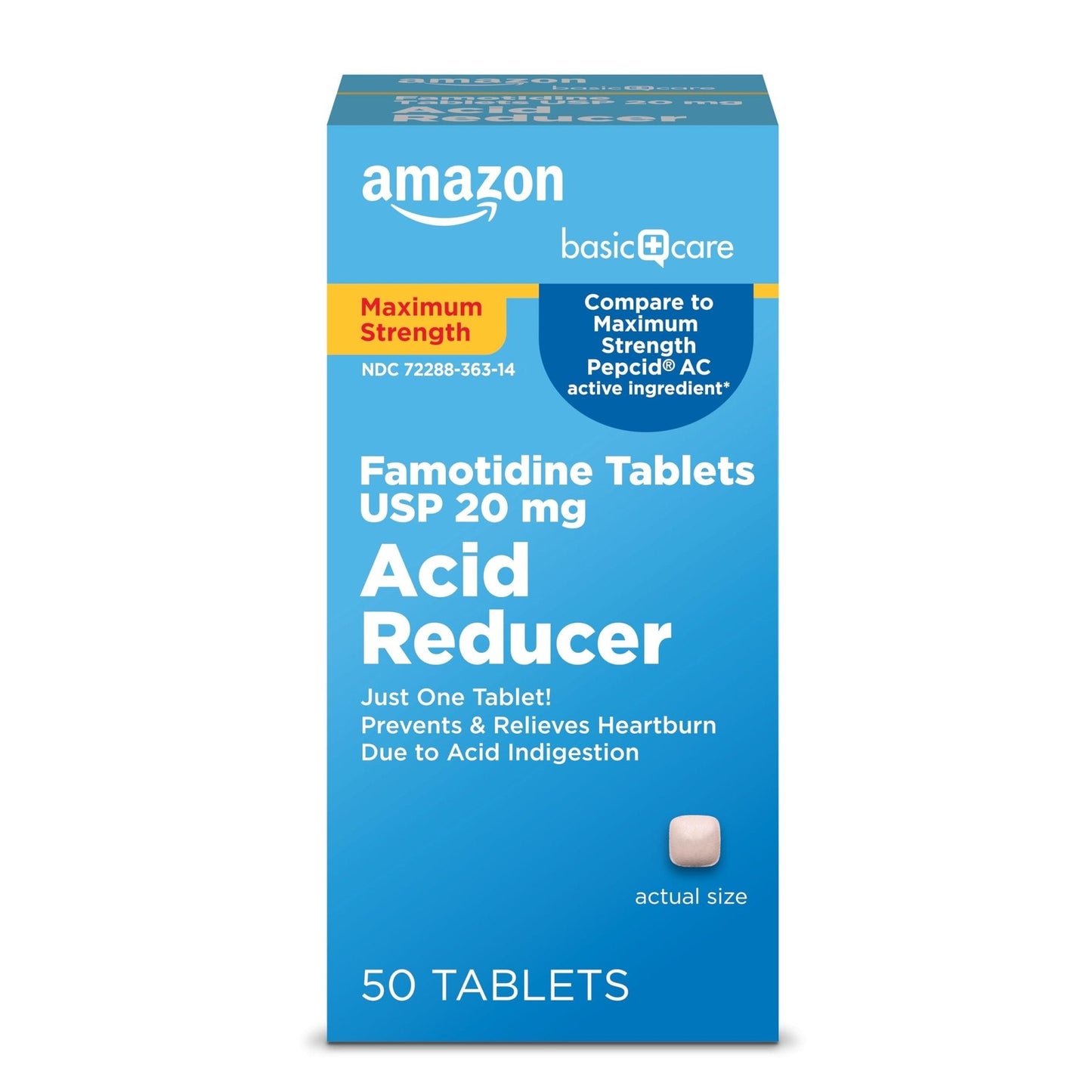Amazon Basic Care Maximum Strength Famotidine Tablets 20 mg, Acid Reducer for Heartburn Relief, Prevents & Relieves Acid Indigestion, Heartburn Medicine, 50 Count - Maple Wellness Supplements