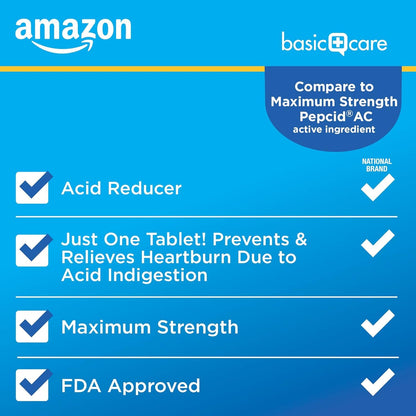 Amazon Basic Care Maximum Strength Famotidine Tablets 20 mg, Acid Reducer for Heartburn Relief, Prevents & Relieves Acid Indigestion, Heartburn Medicine, 50 Count - Maple Wellness Supplements