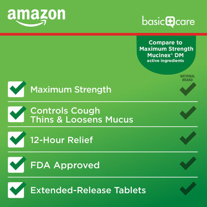 Amazon Basic Care Maximum Strength Mucus DM, Expectorant and Cough Suppressant Extended-Release Tablets, 42 Count - Maple Wellness Supplements