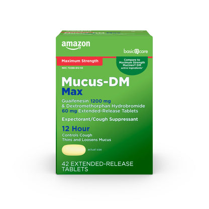 Amazon Basic Care Maximum Strength Mucus DM, Expectorant and Cough Suppressant Extended-Release Tablets, 42 Count - Maple Wellness Supplements