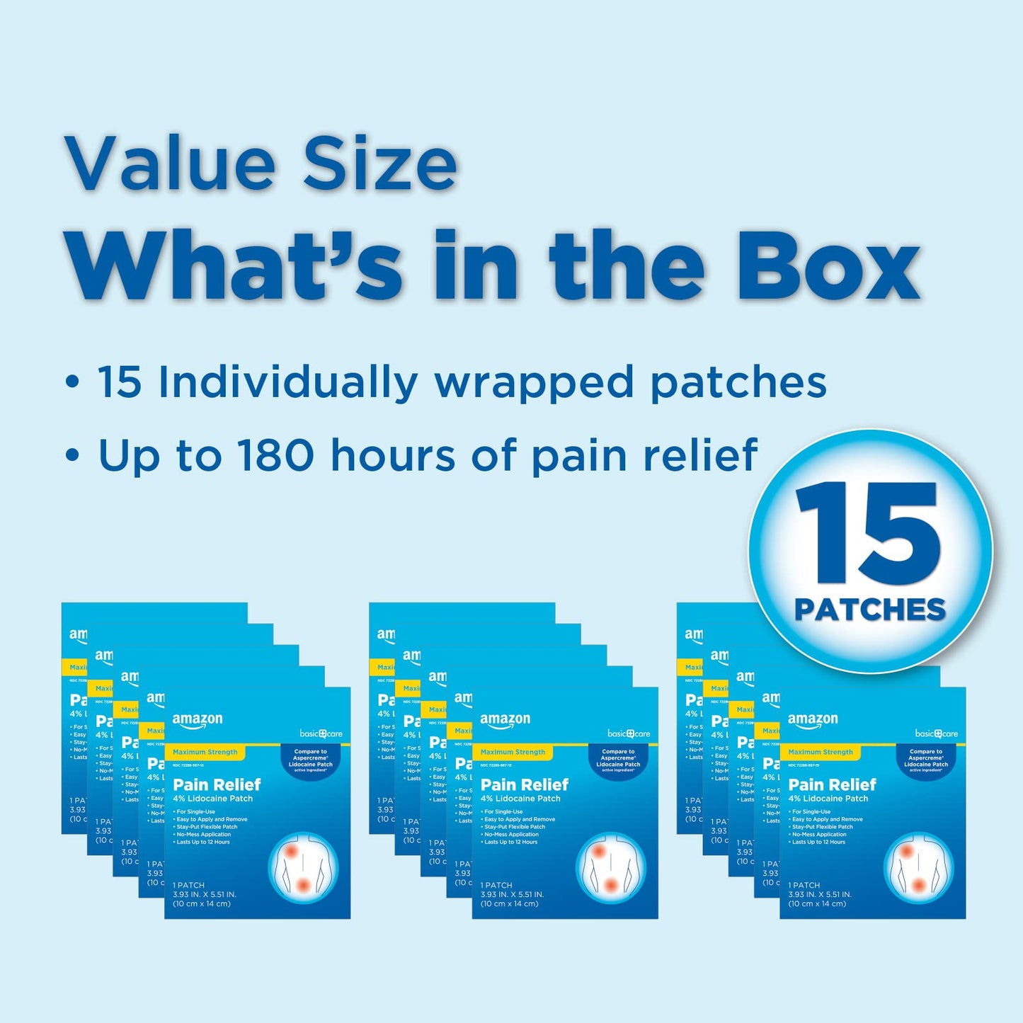 Amazon Basic Care Maximum Strength OTC Pain Relief , 4% Lidocaine Patch, 3.9” x 5.5”, 15-Count Box (Previously HealthWise) - Maple Wellness Supplements