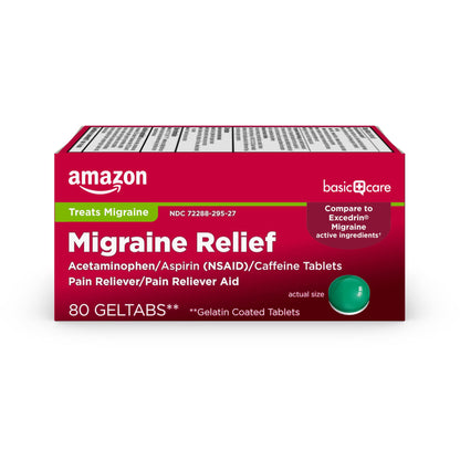 Amazon Basic Care Migraine Relief Geltabs, Pain Reliever, Acetaminophen 250 mg, Aspirin 250 mg (NSAID) and Caffeine 65 mg, Headache Relief, 80 Count - Maple Wellness Supplements