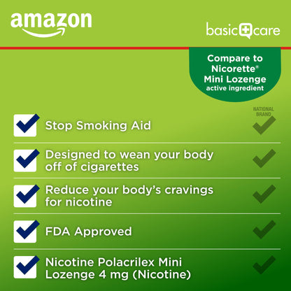 Amazon Basic Care Mini Nicotine Polacrilex Lozenge, 4 mg, Mint Flavor, Stop Smoking Aid, Smoking Cessation, Reduces Nicotine Cravings, 27 Count - Maple Wellness Supplements