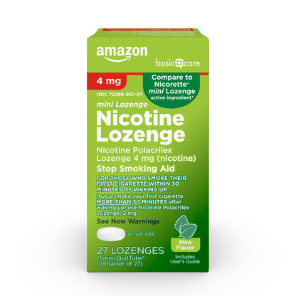 Amazon Basic Care Mini Nicotine Polacrilex Lozenge, 4 mg, Mint Flavor, Stop Smoking Aid, Smoking Cessation, Reduces Nicotine Cravings, 27 Count - Maple Wellness Supplements