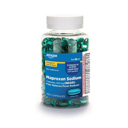 Amazon Basic Care Naproxen Sodium 220 mg Liquid Gels, Pain Reliever/Fever Reducer (NSAID), Headache, Backache, Menstrual Pain, Arthritis Pain, 12-Hour Relief, 180 Count (previously A+ health) - Maple Wellness Supplements