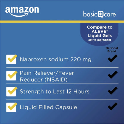 Amazon Basic Care Naproxen Sodium 220 mg Liquid Gels, Pain Reliever/Fever Reducer (NSAID), Headache, Backache, Menstrual Pain, Arthritis Pain, 12-Hour Relief, 180 Count (previously A+ health) - Maple Wellness Supplements