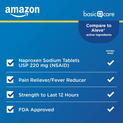 Amazon Basic Care Naproxen Sodium Tablets 220 mg, Pain Reliever/Fever Reducer (NSAID), 12-Hour Relief for Headache, Backache, Menstrual Pain, Muscle Aches, Arthritis, 300 Count - Maple Wellness Supplements