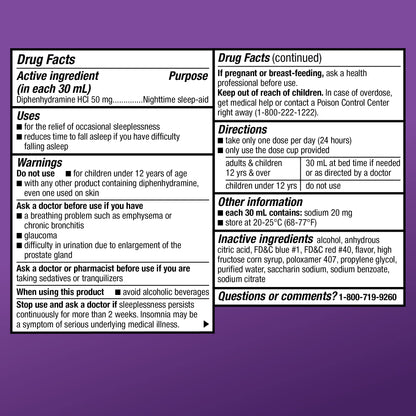 Amazon Basic Care Nighttime Sleep-Aid Liquid for Adults, Helps Fall Asleep Fast, Diphenhydramine HCl 50 mg, Mixed Berry Flavor, 12 fl oz (Pack of 1) - Maple Wellness Supplements