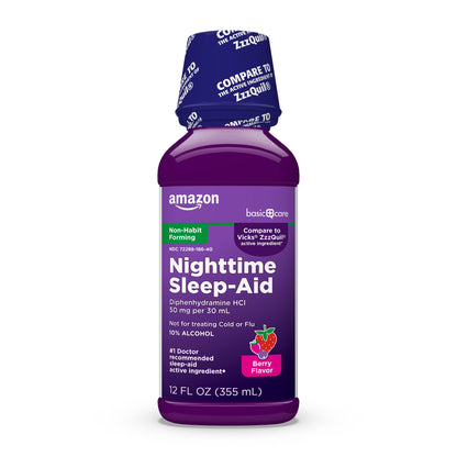 Amazon Basic Care Nighttime Sleep-Aid Liquid for Adults, Helps Fall Asleep Fast, Diphenhydramine HCl 50 mg, Mixed Berry Flavor, 12 fl oz (Pack of 1) - Maple Wellness Supplements