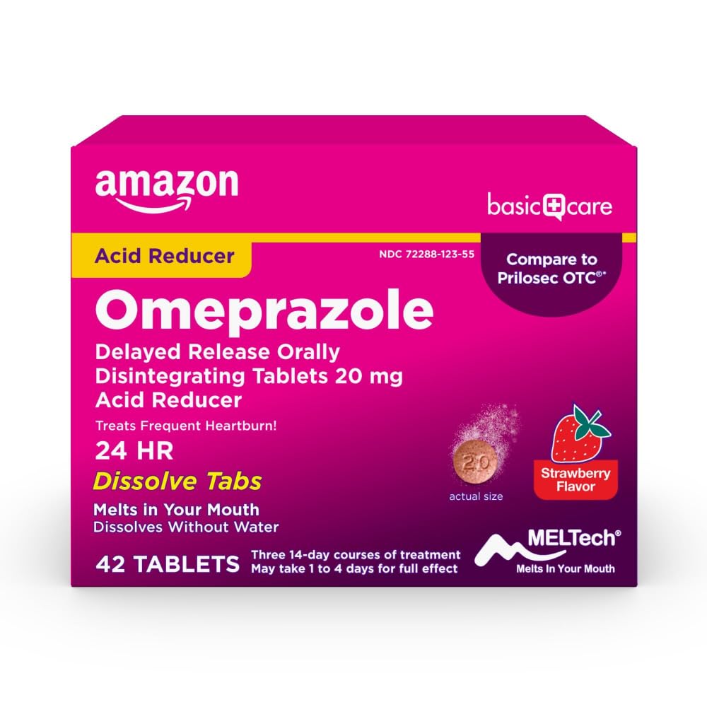 Amazon Basic Care Omeprazole Delayed Release Orally Disintegrating Tablets, 20 mg, Acid Reducer, Strawberry Flavor, 24 Hour Heartburn Medicine, 42 Count - Maple Wellness Supplements