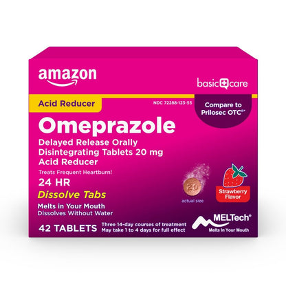 Amazon Basic Care Omeprazole Delayed Release Orally Disintegrating Tablets, 20 mg, Acid Reducer, Strawberry Flavor, 24 Hour Heartburn Medicine, 42 Count - Maple Wellness Supplements