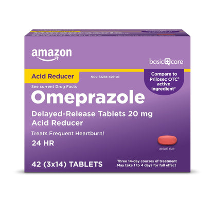 Amazon Basic Care Omeprazole Delayed Release Tablets 20 mg, Acid Reducer, treats frequent heartburn,, Cream, Regular, 42 Count (Pack of 1), 42 Count, - Maple Wellness Supplements