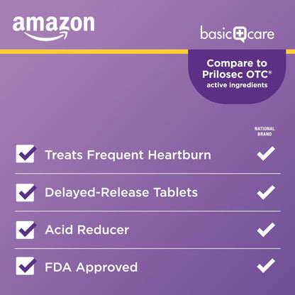 Amazon Basic Care Omeprazole Delayed Release Tablets 20 mg, Acid Reducer, treats frequent heartburn,, Cream, Regular, 42 Count (Pack of 1), 42 Count, - Maple Wellness Supplements