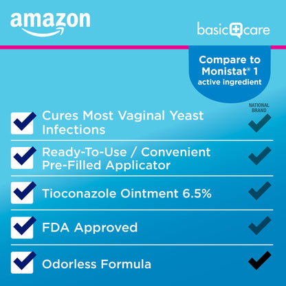 Amazon Basic Care Tioconazole Ointment 6.5 Percent, 1-Dose Yeast Infection Treatment For Women, Fast Acting Relief, Pre-Filled Applicator, Odorless Formula, 0.16 ounce (Pack of 1) - Maple Wellness Supplements