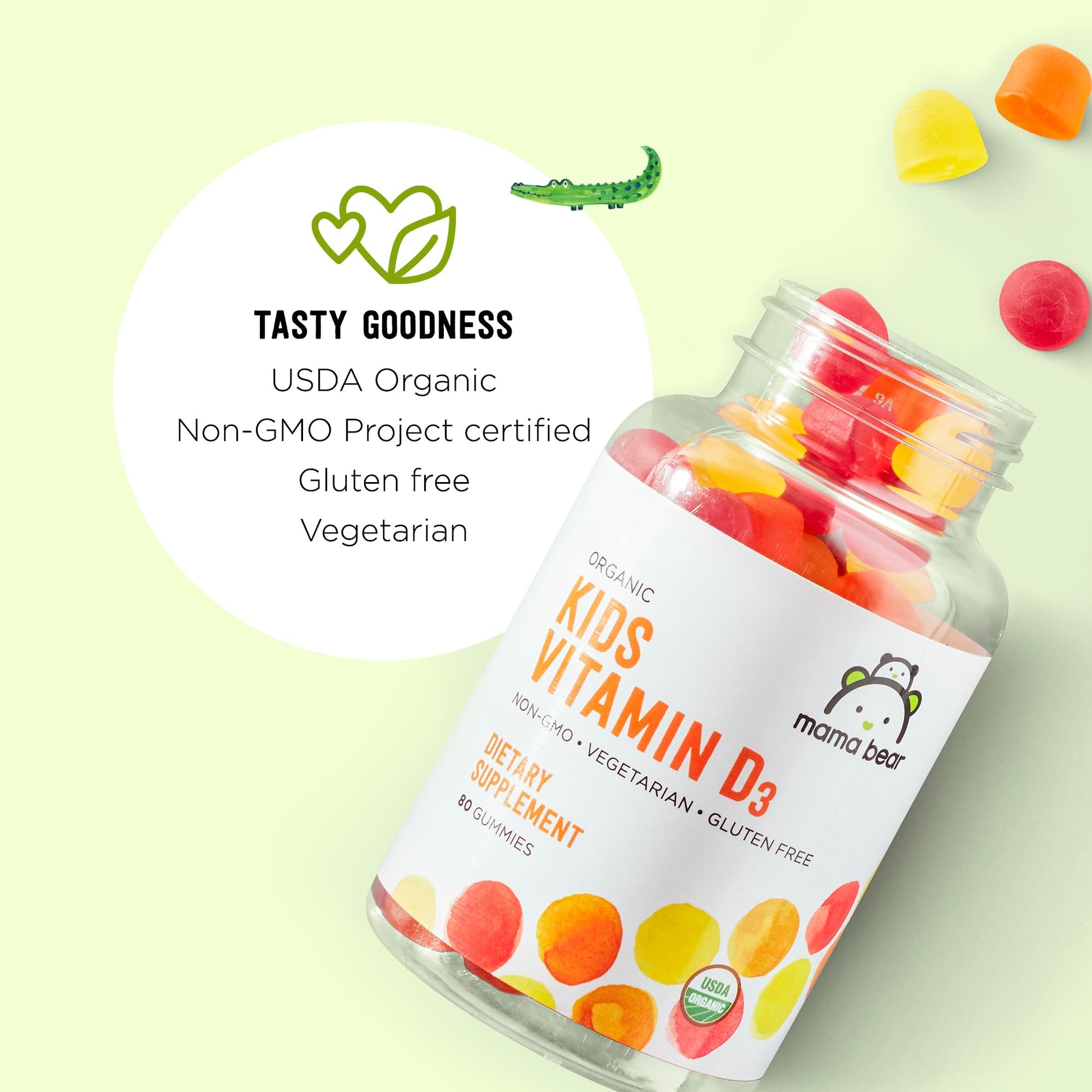 Amazon Brand - Mama Bear Organic Kids Vitamin D3 25 mcg (1000 IU) Gummies per serving, Bone and Immune Health, Strawberry, 80 Count - Maple Wellness Supplements