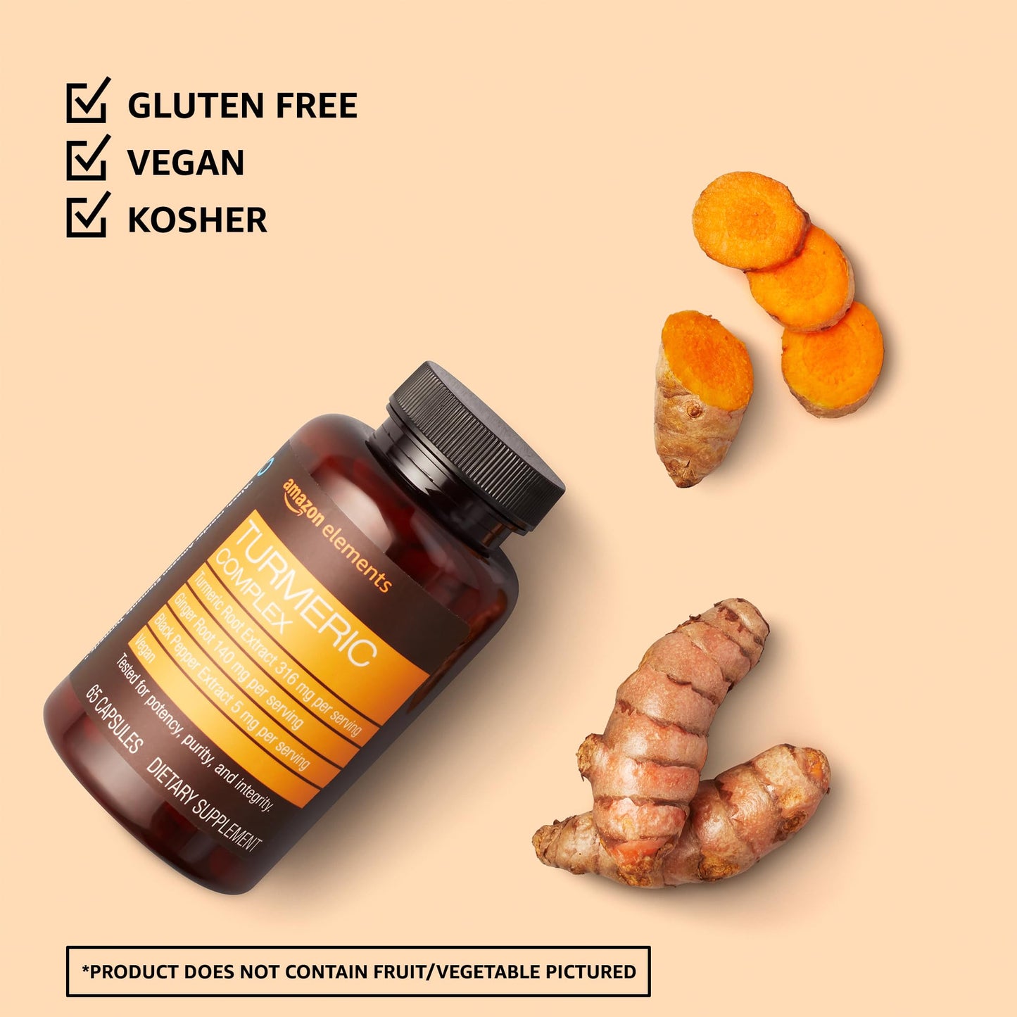 Amazon Elements Turmeric Complex, 316 mg Curcumin, 140 mg Ginger, 5 mg Black - Maple Wellness Supplements