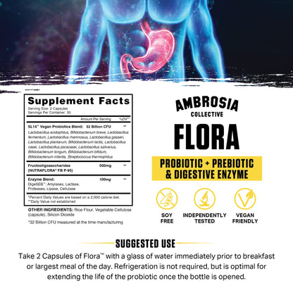 Ambrosia Flora Digestive Enzymes with Probiotics & Prebiotics | 32 Billion CFU Gut Health Supplement | Plant Based, Vegan Probiotic | 60 Veggie Capsules (30 Servings) - Maple Wellness Supplements