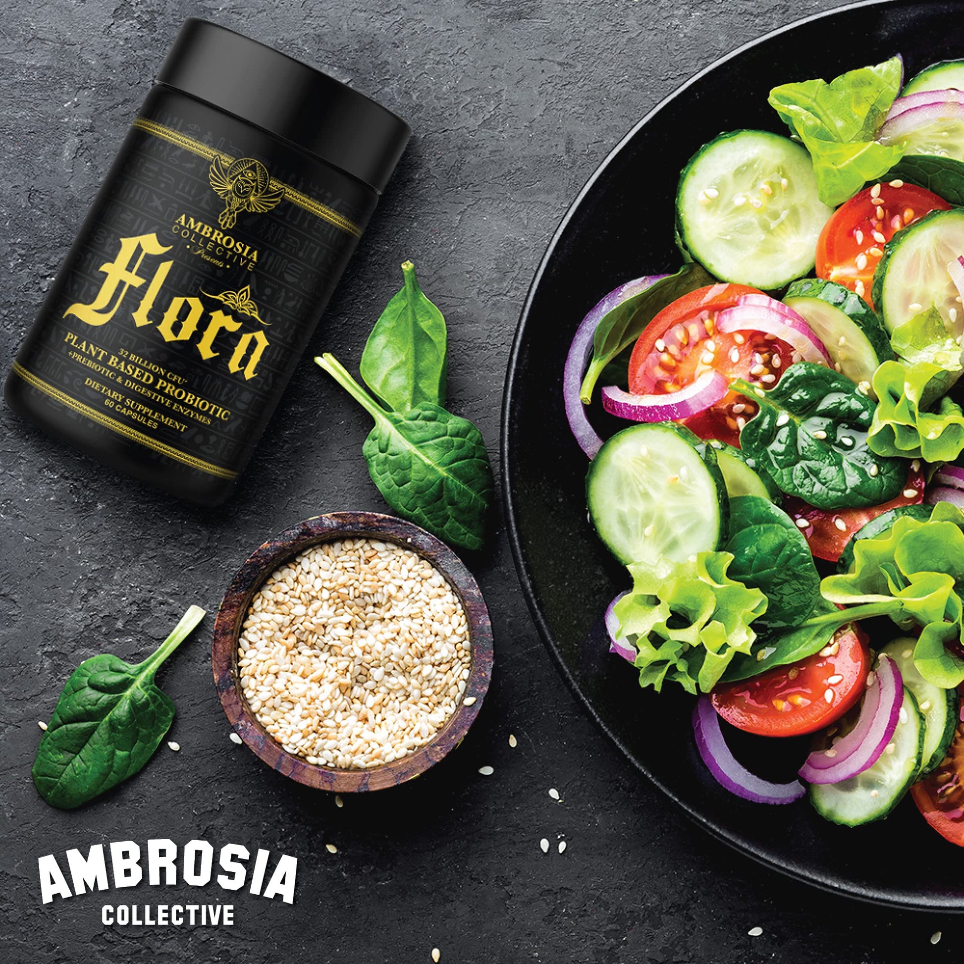 Ambrosia Flora Digestive Enzymes with Probiotics & Prebiotics | 32 Billion CFU Gut Health Supplement | Plant Based, Vegan Probiotic | 60 Veggie Capsules (30 Servings) - Maple Wellness Supplements