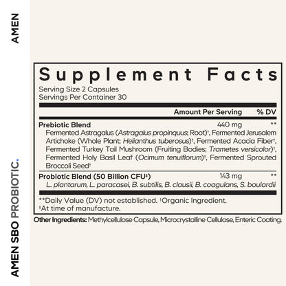 Amen Probiotics Supplement, SBO Probiotic and Organic Prebiotics, 50 Billion CFUs, Shelf Stable, No Refrigeration Required, Flora Daily Probiotic Formula for Women & Men - Maple Wellness Supplements