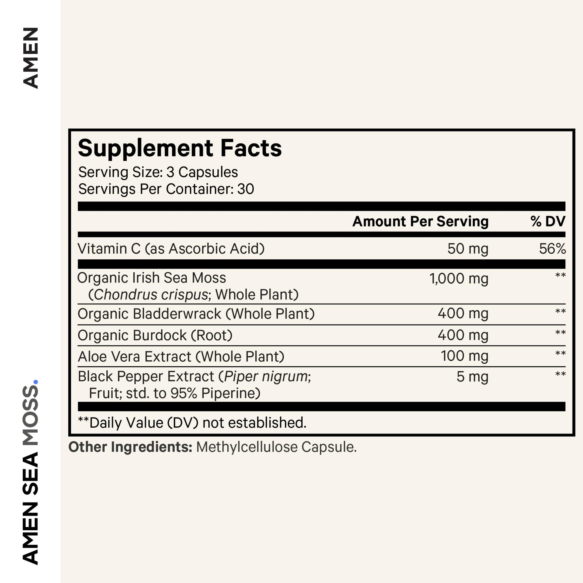 Amen Sea Moss Supplement - 1000mg Organic Irish Sea Moss, Bladderwrack, Burdock - Vitamin C, Aloe Vera, Black Pepper - Seaweed Superfood, Vitamins, Minerals, and Antioxidants - Non-GMO - 90 Capsules - Maple Wellness Supplements