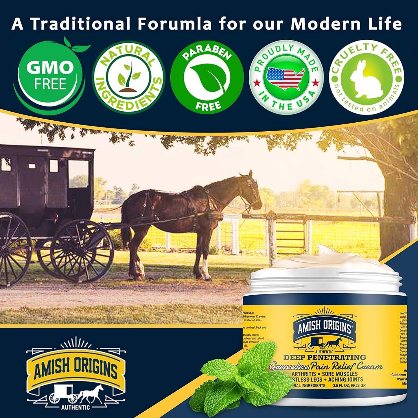 Amish Origins Arthritis Pain Relief Cream - 3.5 oz - Maximum Strength Deep Penetrating for Joint, Muscle, Knee, Back, Feet, Hand, Ankle, Aches, 1 Pack - Maple Wellness Supplements