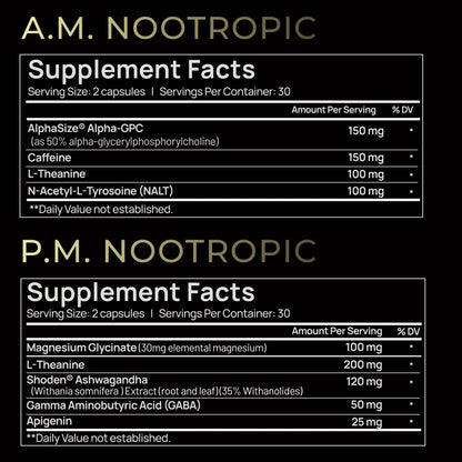 AMPM Nootropic Total Focus + Calm 9X Strength w. Caffeine, L-Theanine, Alpha GPC, L-Tyrosine, Ashwagandha - X-Release Energy Pills Nootropics Brain Support Supplements for Memory and Focus Supplement - Maple Wellness Supplements