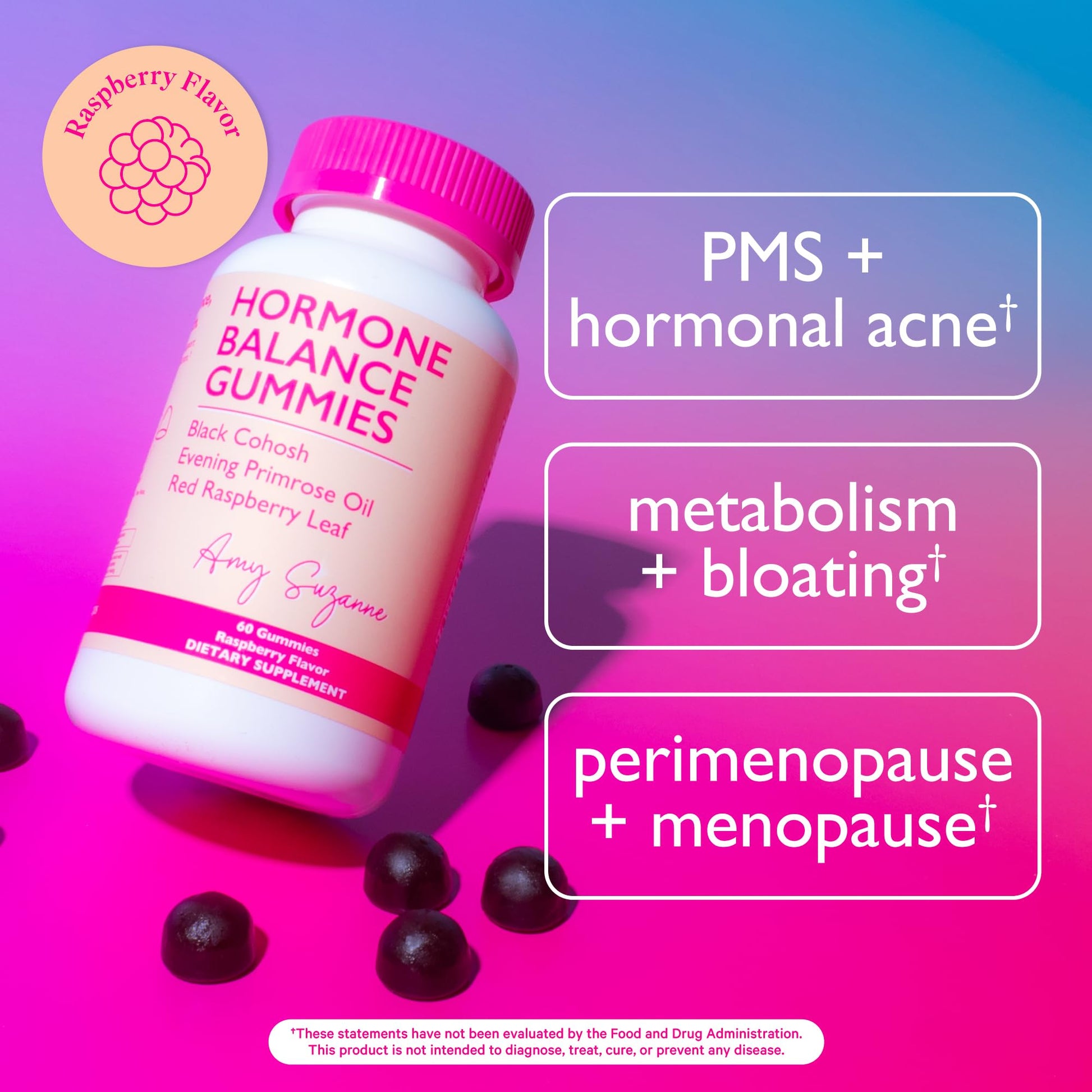 Amy Suzanne Hormone Balance Gummies for Women - Hormone Harmony for Mood, Energy, Bloating - Hormonal PMS, Perimenopause & Menopause Support - Red Raspberry Leaf & Black Cohosh - 60 Gummy Supplements - Maple Wellness Supplements