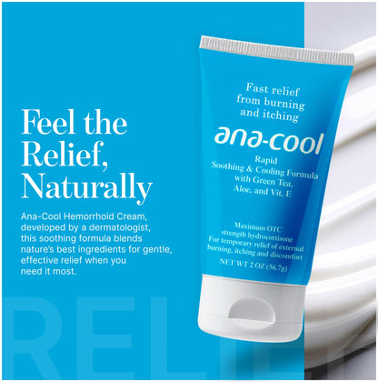 Ana-Cool Herbal Hemorrhoid Relief Cream - Fast Soothing for Bug Bites, Rashes, Irritations & More - 1% Hydrocortisone with Witch Hazel, Aloe & Vitamin E - Physician-Developed, 2 oz Tube - Maple Wellness Supplements