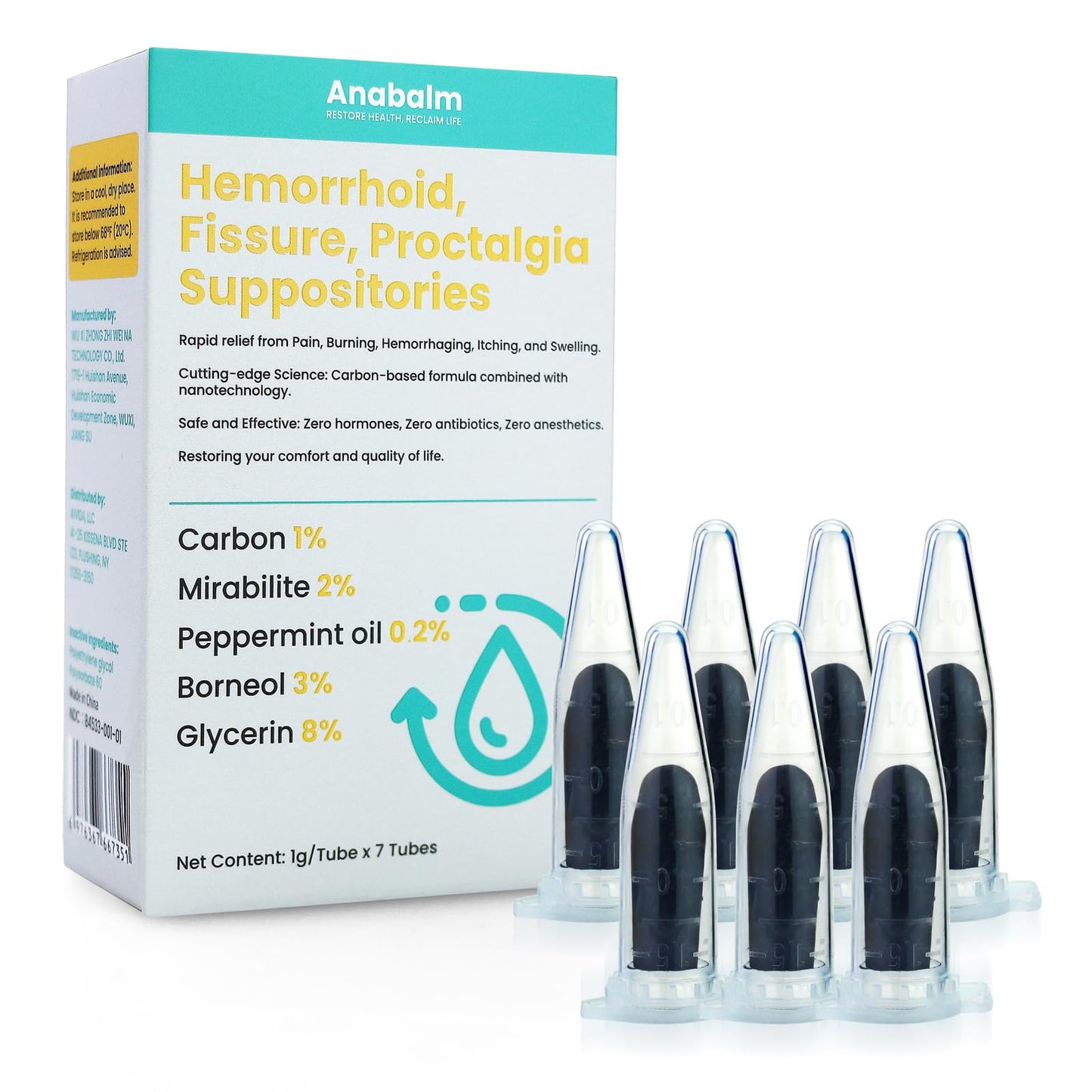 anabalm Hemorrhoid Treatment Suppositories, Natural Fissure Treatment for Anus Relief of Proctalgia, Pain, Itching, Swelling or Itch Discomfort - 7 Count - Maple Wellness Supplements