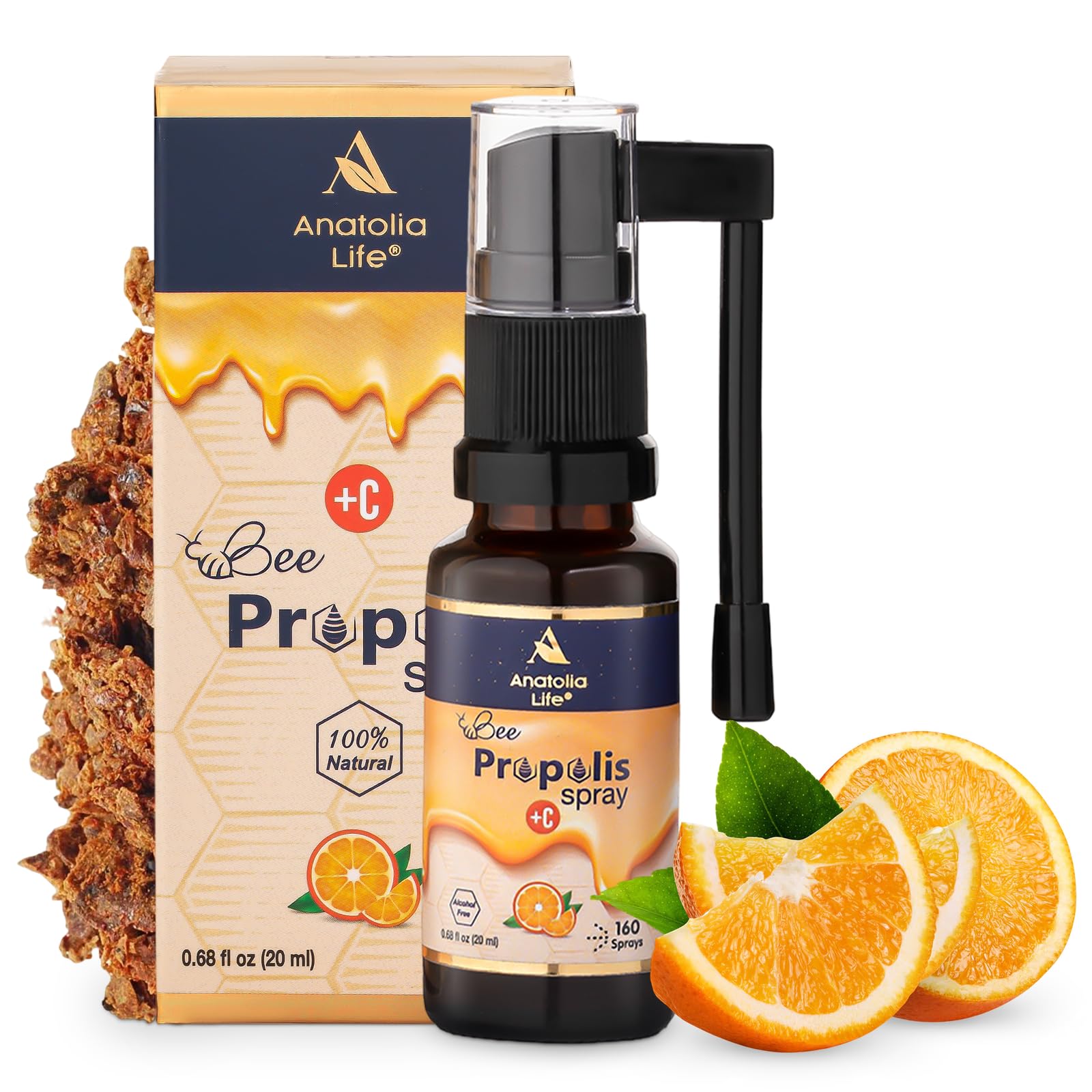 Anatolia Life Bee Propolis Spray + Vitamin C – Alcohol-Free, Natural Orange Flavor, 100% Pure Bee Propolis Extract, Antioxidant Support, Gentle Throat Comfort – 20 ml (~160 Sprays) - Maple Wellness Supplements
