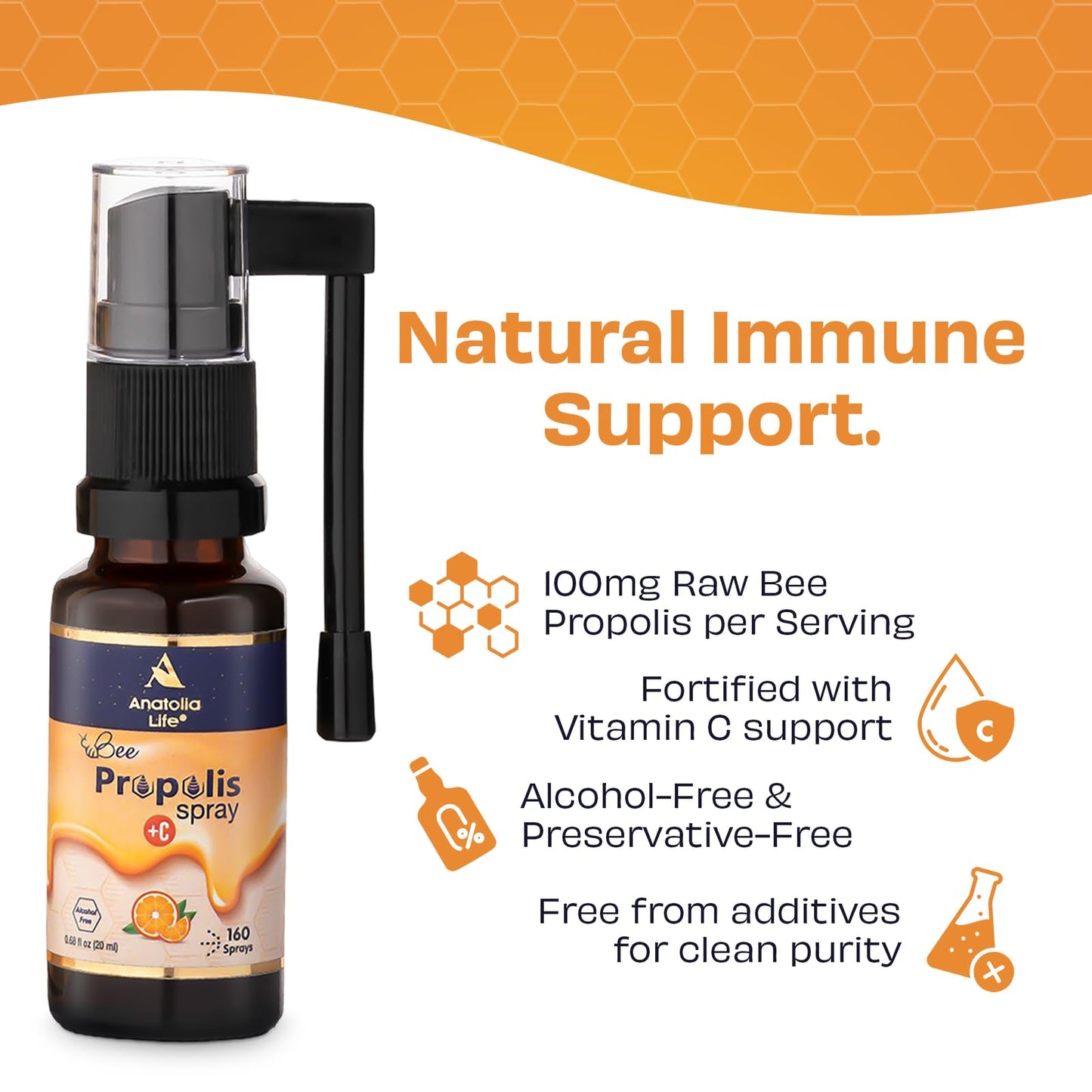 Anatolia Life Bee Propolis Spray + Vitamin C – Alcohol-Free, Natural Orange Flavor, 100% Pure Bee Propolis Extract, Antioxidant Support, Gentle Throat Comfort – 20 ml (~160 Sprays) - Maple Wellness Supplements