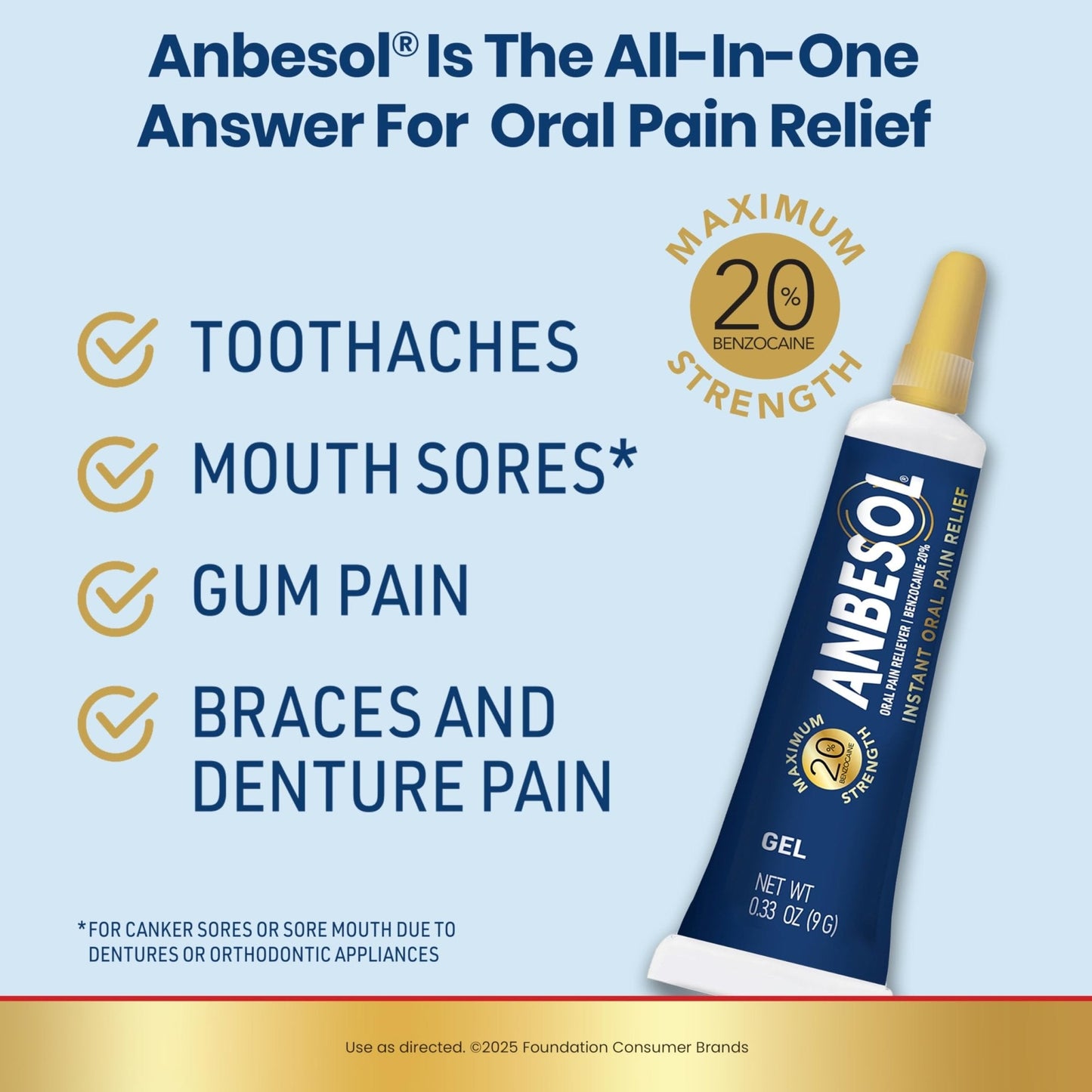 Anbesol Maximum Strength Gel - Instant Oral Pain Relief, for Toothaches, Gums, Braces, & Denture Pain, and Mouth Sores*, Canker Sore Treatment Inside Mouth, ADA Accepted, 0.33 oz - Maple Wellness Supplements