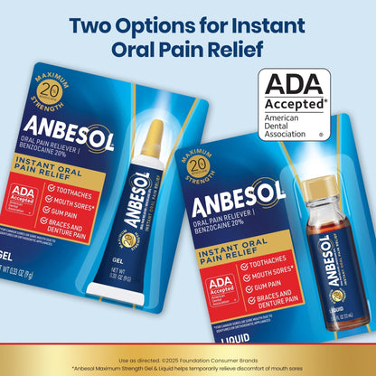 Anbesol Maximum Strength Gel - Instant Oral Pain Relief, for Toothaches, Gums, Braces, & Denture Pain, and Mouth Sores*, Canker Sore Treatment Inside Mouth, ADA Accepted, 0.33 oz - Maple Wellness Supplements