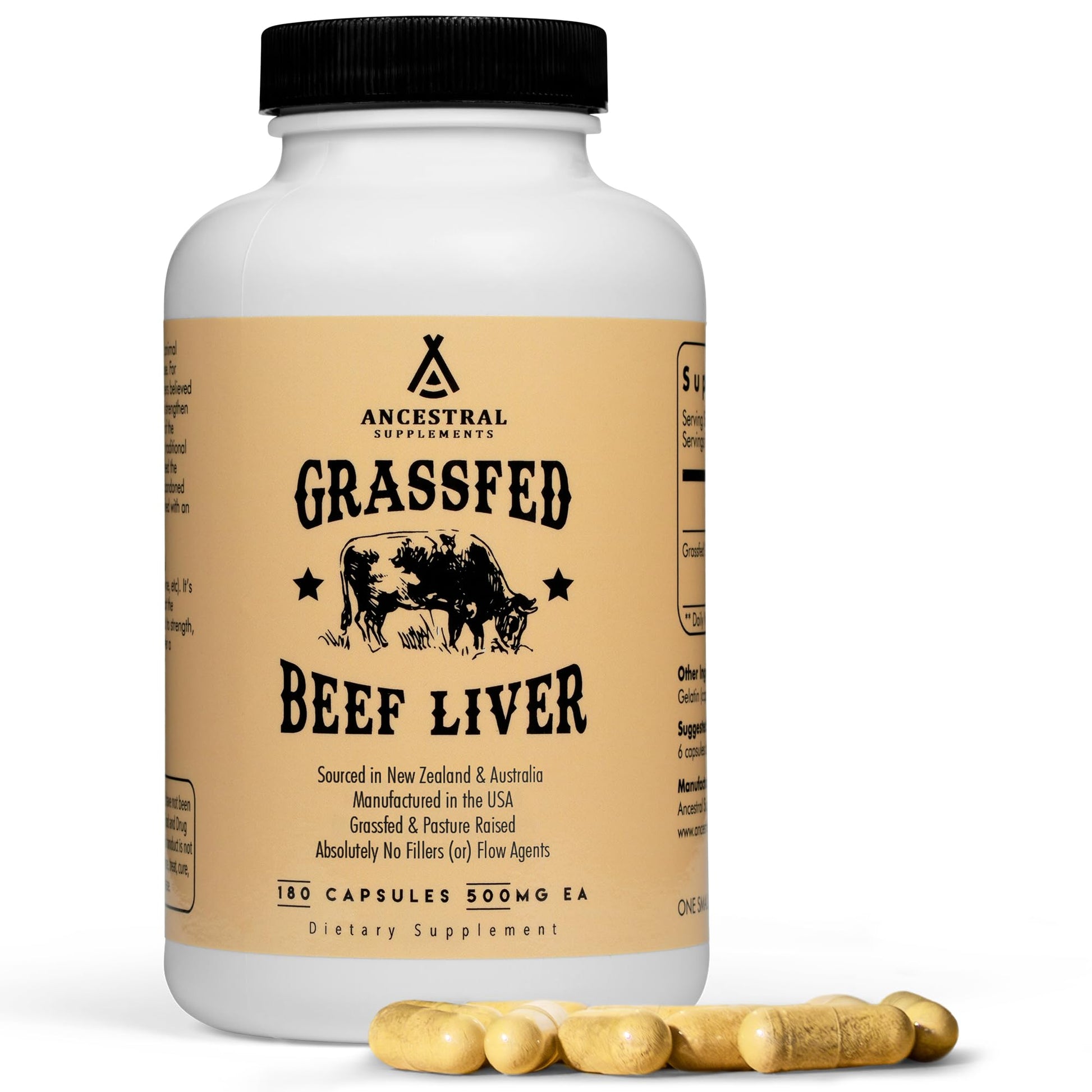 Ancestral Supplements Grass Fed Beef Liver 180 Capsules, Supports Energy Production, Detoxification, Digestion, Immunity and Full Body Wellness - Maple Wellness Supplements
