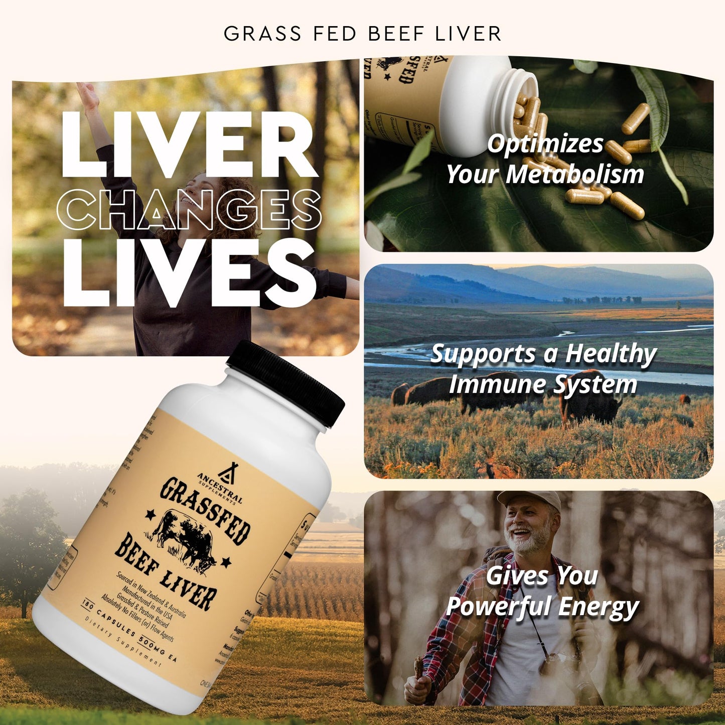 Ancestral Supplements Grass Fed Beef Liver 180 Capsules, Supports Energy Production, Detoxification, Digestion, Immunity and Full Body Wellness - Maple Wellness Supplements