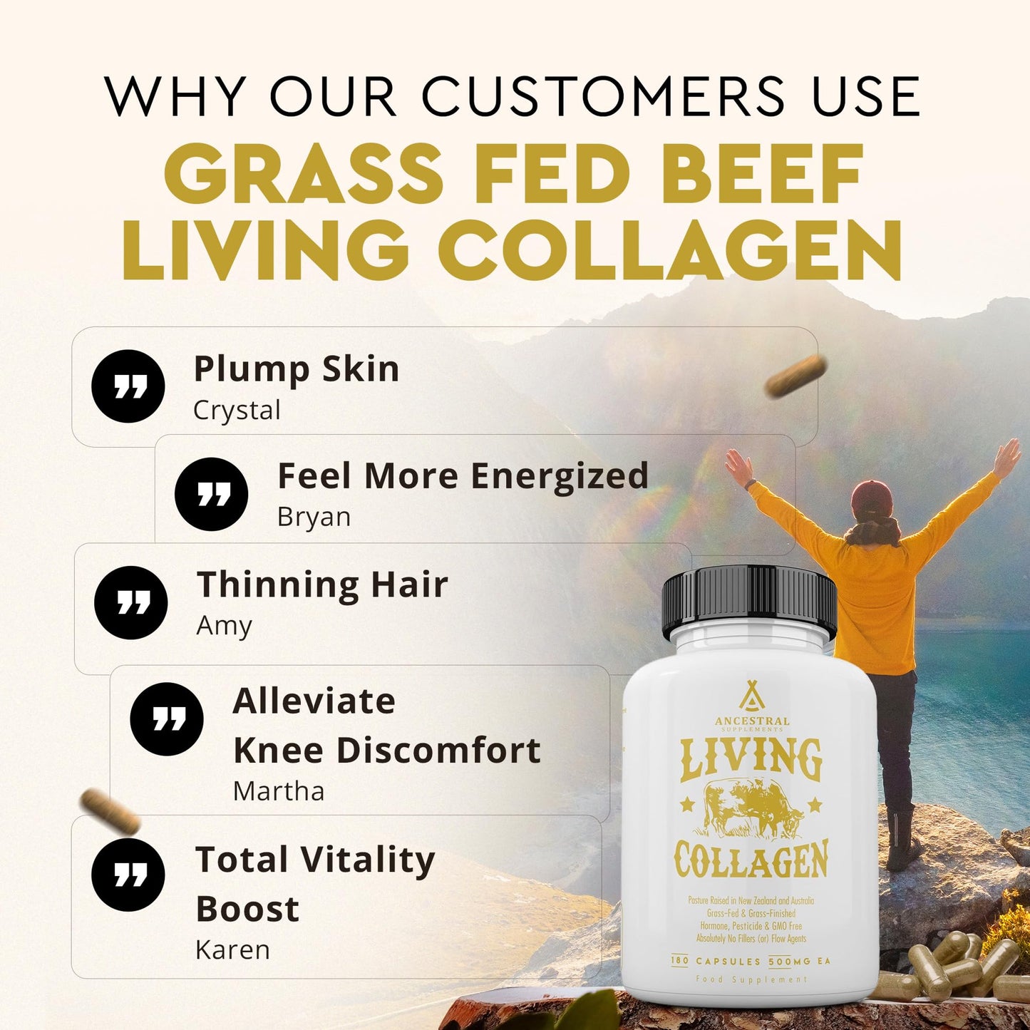 Ancestral Supplements Grass Fed Beef Living Collagen Nutritional Powder Supplement, 3000mg, Promotes Healthier, Younger Looking Skin, Hair, Nails and Joints, Type II, 180 Capsules - Maple Wellness Supplements
